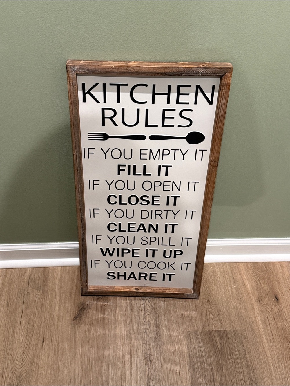 Rustic White "Kitchen Rules" Wall Sign with Wood Frame